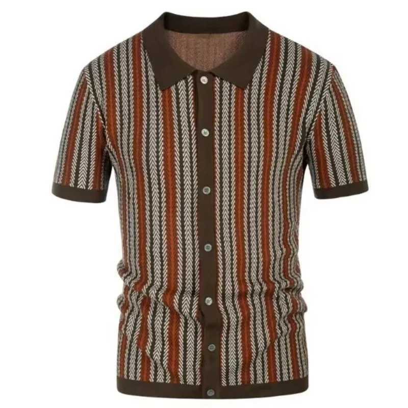 Summer new striped T-shirt polo shirt high-quality ice silk fabric breathable Wiry size casual beach style mens shirt 3XL W250504