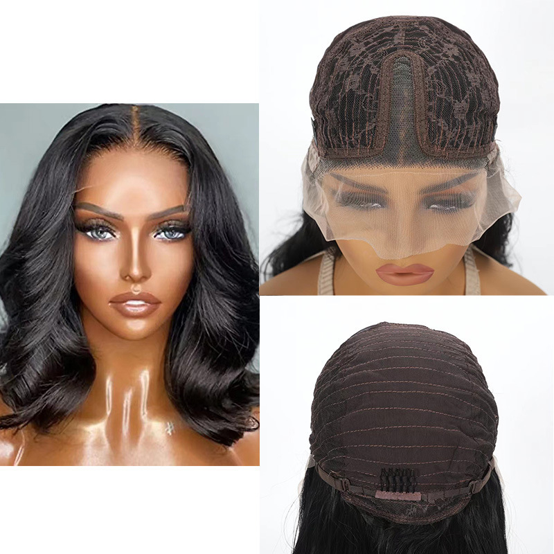 wig Womens black front lace mid split large wavy curly hair natural short curly hair wig headband