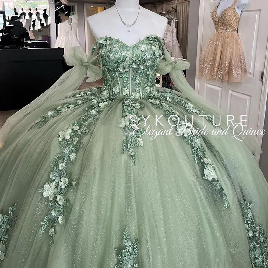 Mint Green Princess Quinceanera Dresses 2025 floral Appliques lace-up corset off shoulder Vestidos De 15 Anos Prom gown