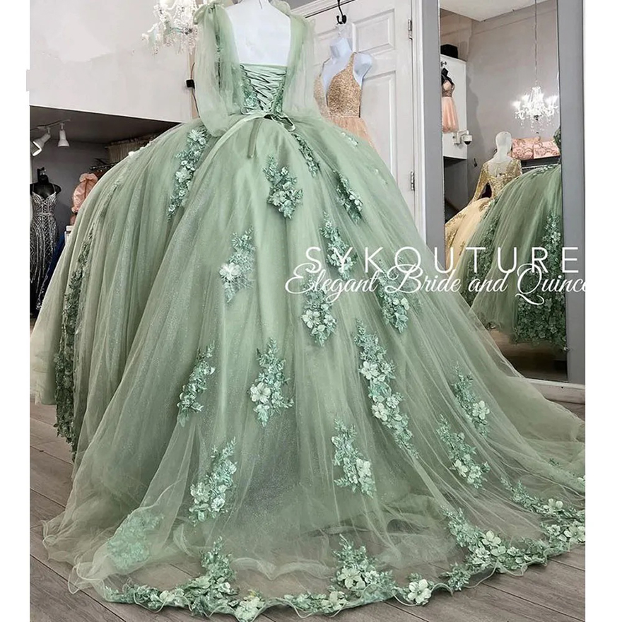 Mint Green Princess Quinceanera Dresses 2025 floral Appliques lace-up corset off shoulder Vestidos De 15 Anos Prom gown