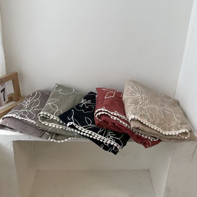 T624 cotton and linen feel scarf for women spring and autumn all-match literary temperament solid color embroidery lace gauze scarf long shawl thin si