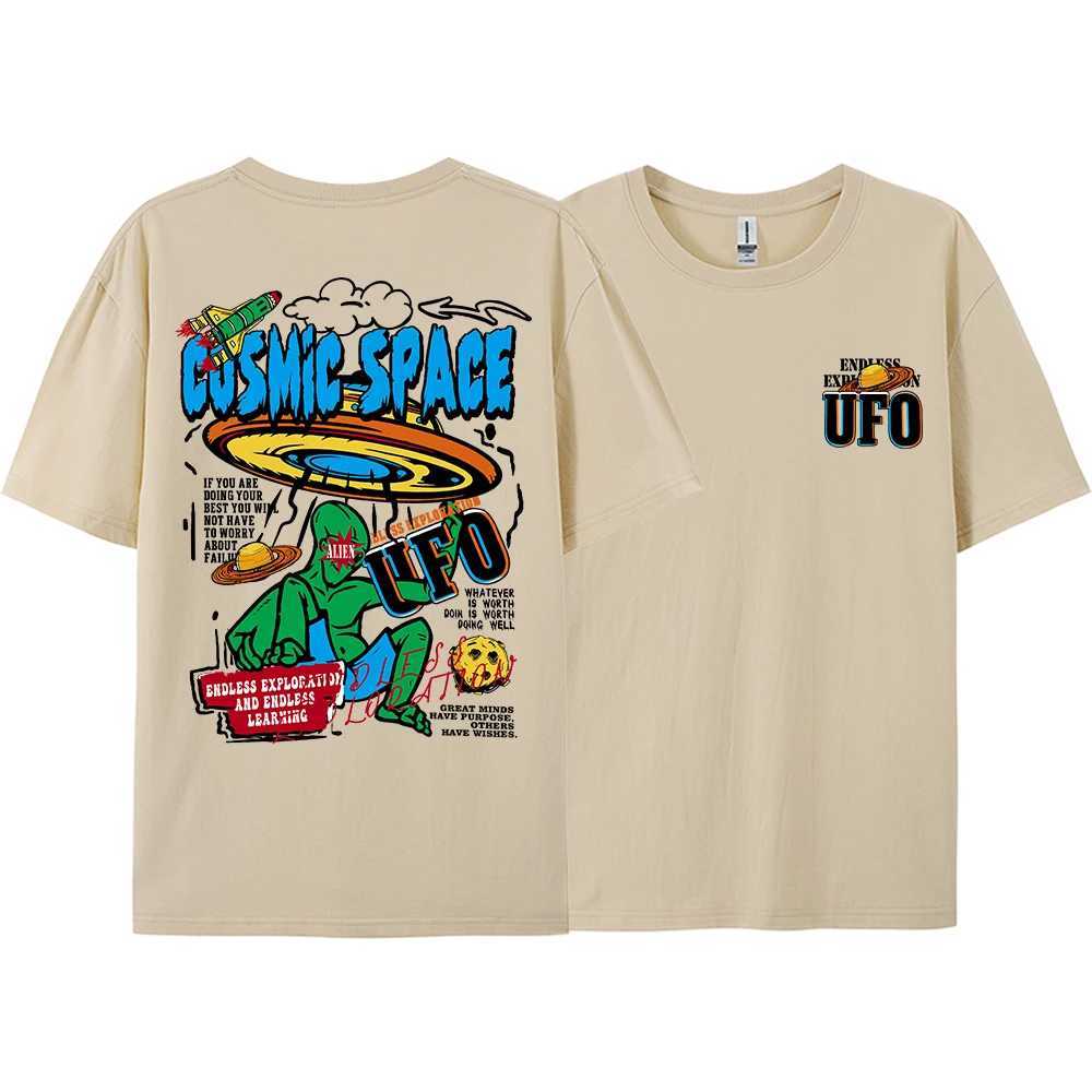 New Arrival Cosmic Space Ufo Alien Fun Graphic Printing Mens Top Fashion Street T-shirt Summer Casual Cotton T-shirt Extra Large Loose T-shirt Z250504