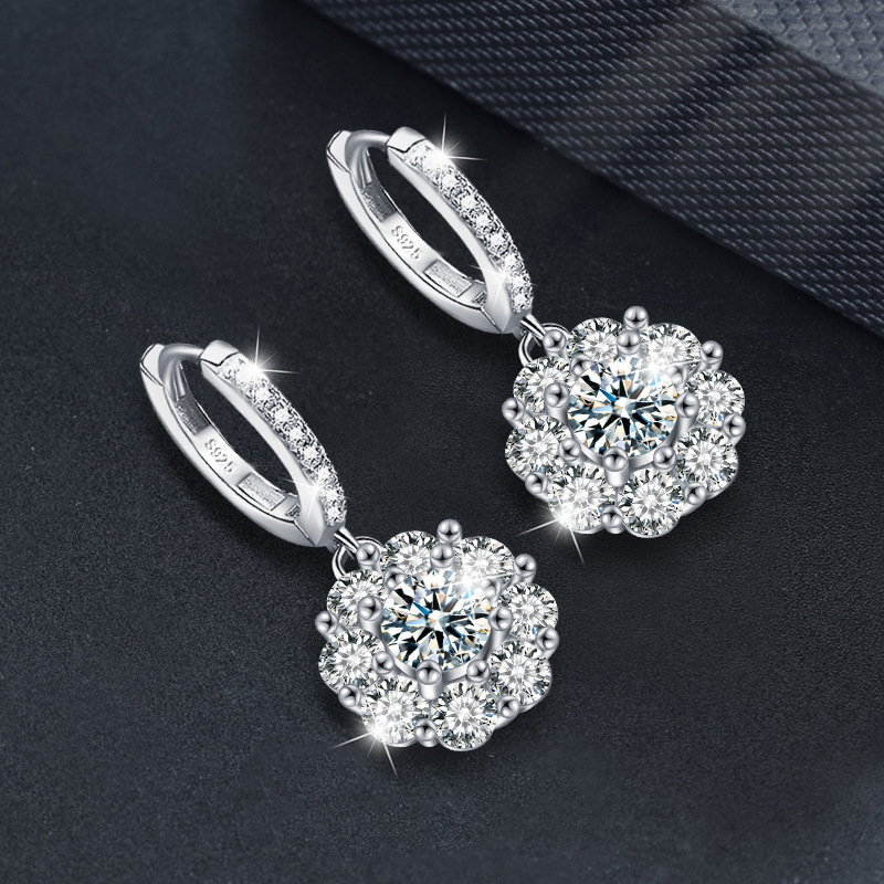 925 Sterling Silver Sunflower Moissanite Earrings - Classic 4-Prong Setting, Dazzling 3EX Cut, Rhodium Plated, Hypoallergenic, Gift for Her