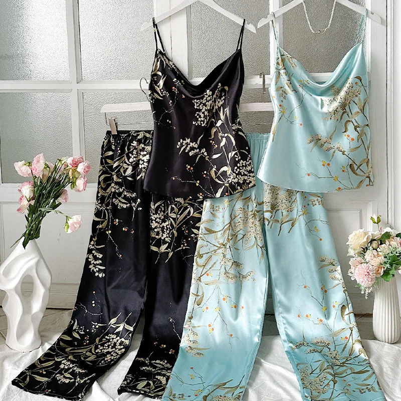 2PCS summer sexy fashion womens sleepwear top printed backless non slip dress imitates silk casual wear simple y250427