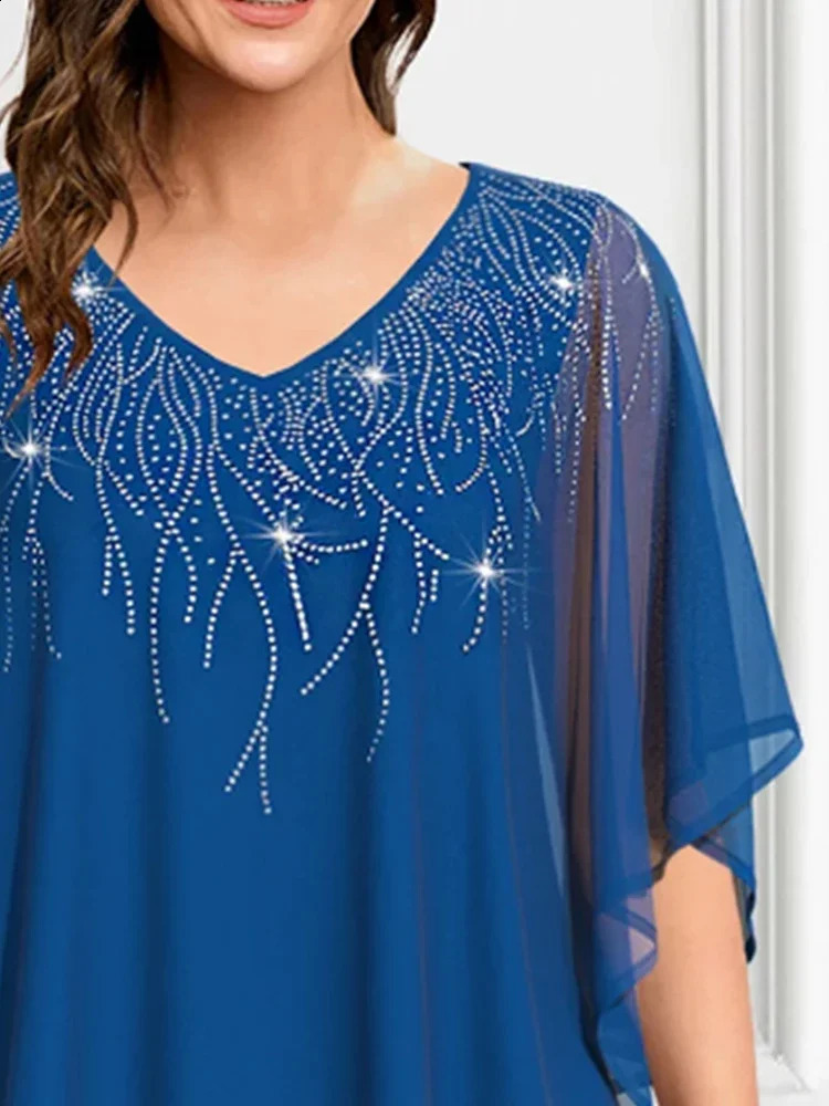 Womens plus size short sleeved Tshirt chiffon Vneck doublelayer loose casual elegant summer top 2024 250430Z