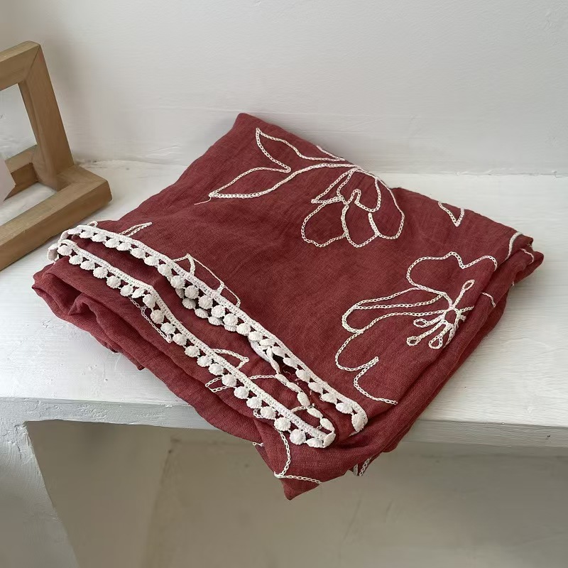 T624 cotton and linen feel scarf for women spring and autumn all-match literary temperament solid color embroidery lace gauze scarf long shawl thin si