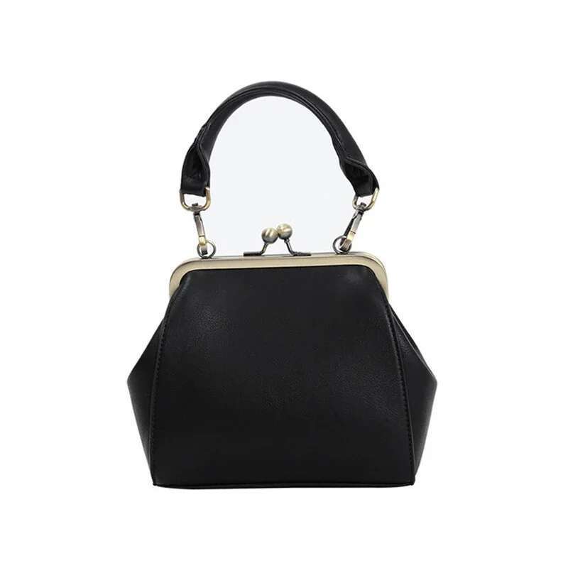 Vintage Women Handbag Kiss Lock PU Clip Female Retro Shoulder Bag Lady Purse Black Leather Messenger Bags