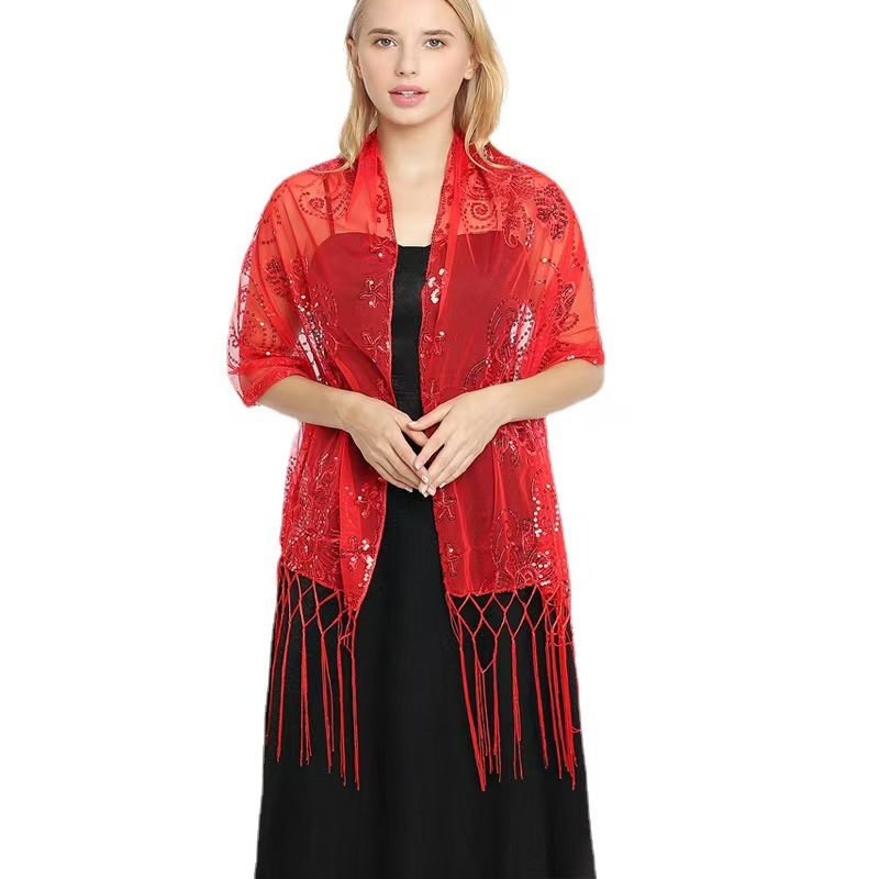 K615 Cross-border hot-selling sequined embroidered tassel shawl, evening dress party dinner shawl for women, bridal cheongsam shawl