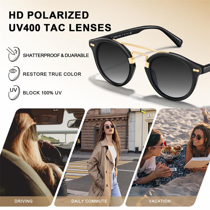 CARFIA Small Face Acetate Double Bridge Sunglasses for Women Polarized UV Protection, Retro Metal Brow Eyewears Round Sunnies