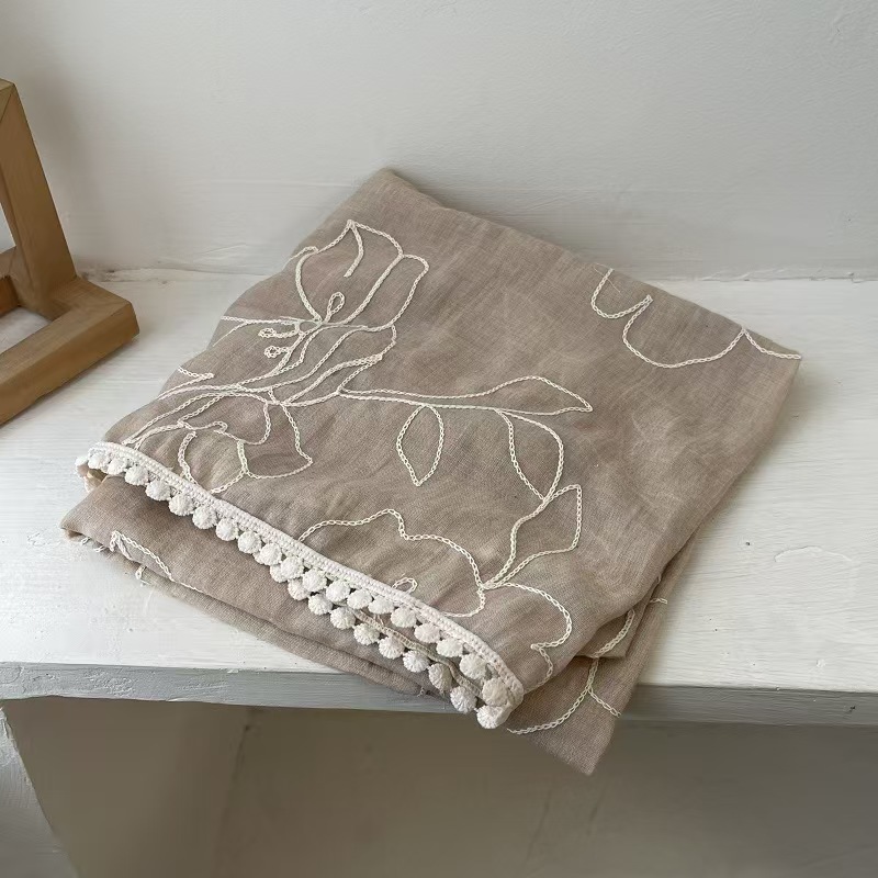 T624 cotton and linen feel scarf for women spring and autumn all-match literary temperament solid color embroidery lace gauze scarf long shawl thin si