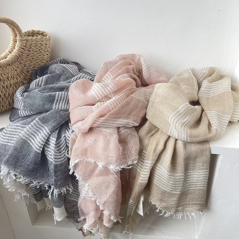 T628 linen scarf women's spring and summer black and white striped scarf plain literary cotton and linen scarf summer ultra-thin