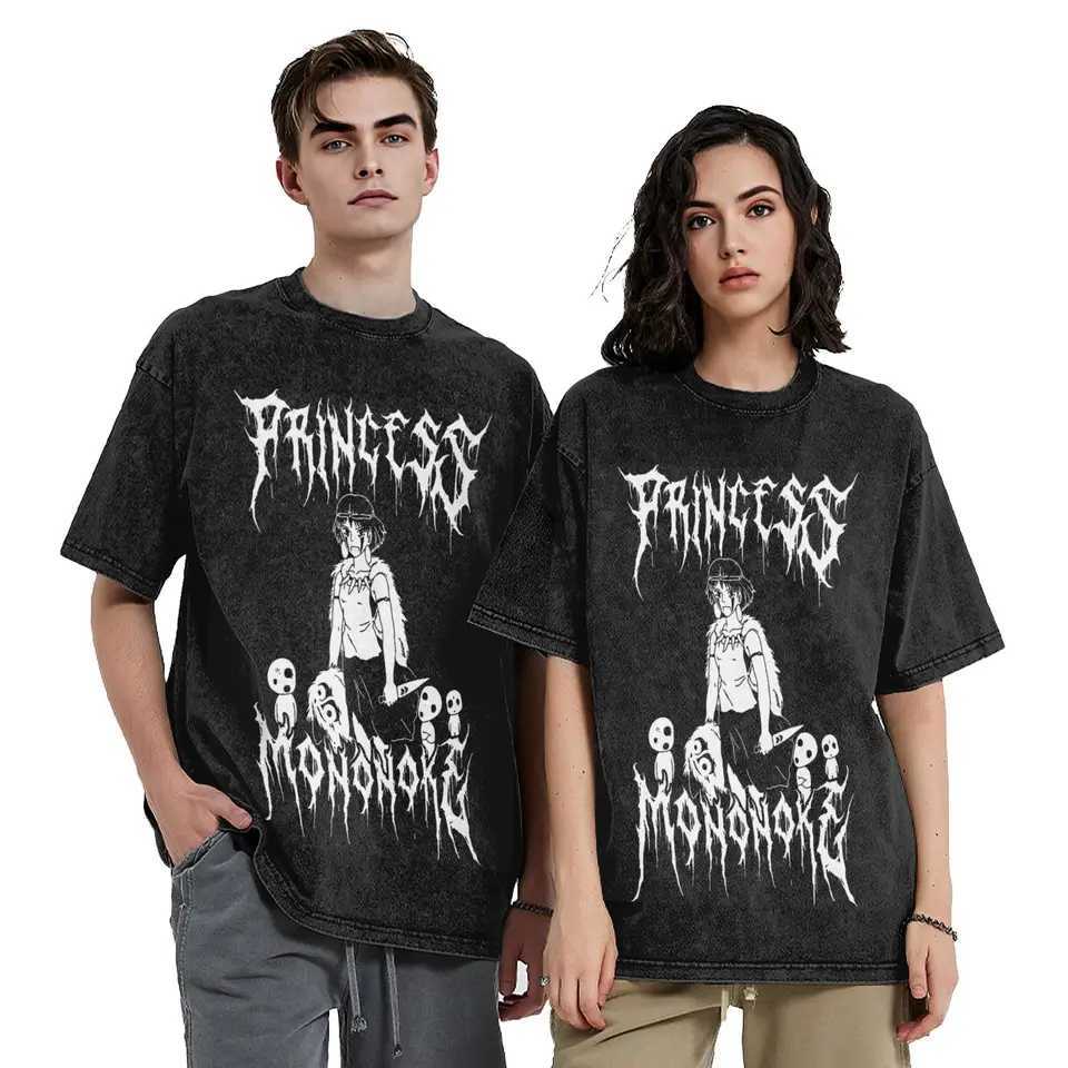 Black metal princess H-Himes washed T-shirt hip-hop retro T-shirt M-Mononoked Ts mens oversized print X250504