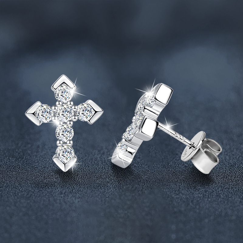 Silver Cross Stud Earrings with Moissanite 925 Sterling Silver Hypoallergenic 2024 New Trendy Elegant Earrings Fashion Accessories Birthday Gifts