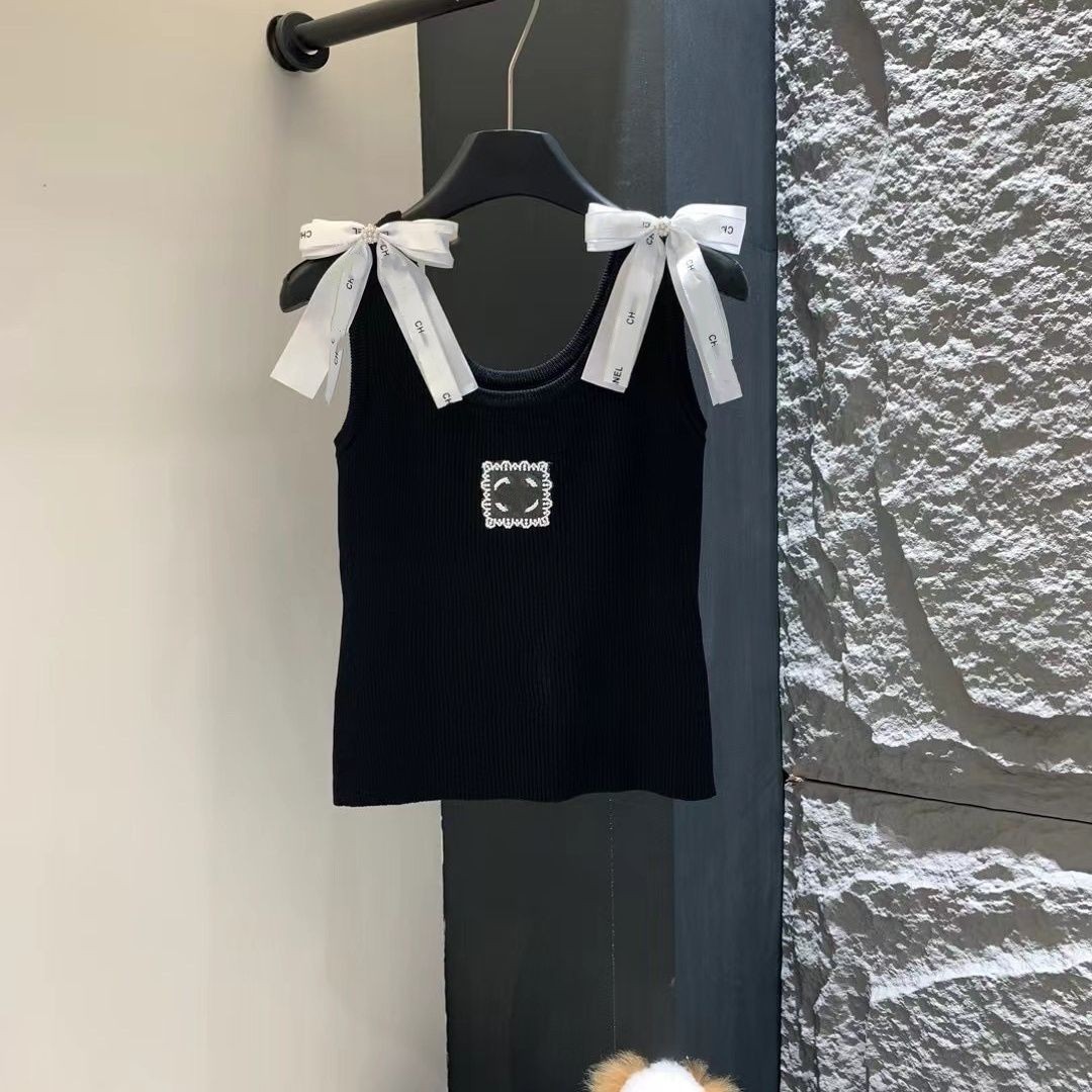 Women new cute sweet ribbon bow patched shoulder knitted designer lace logo embroidery sleeveless tanks vest camis SMLXL