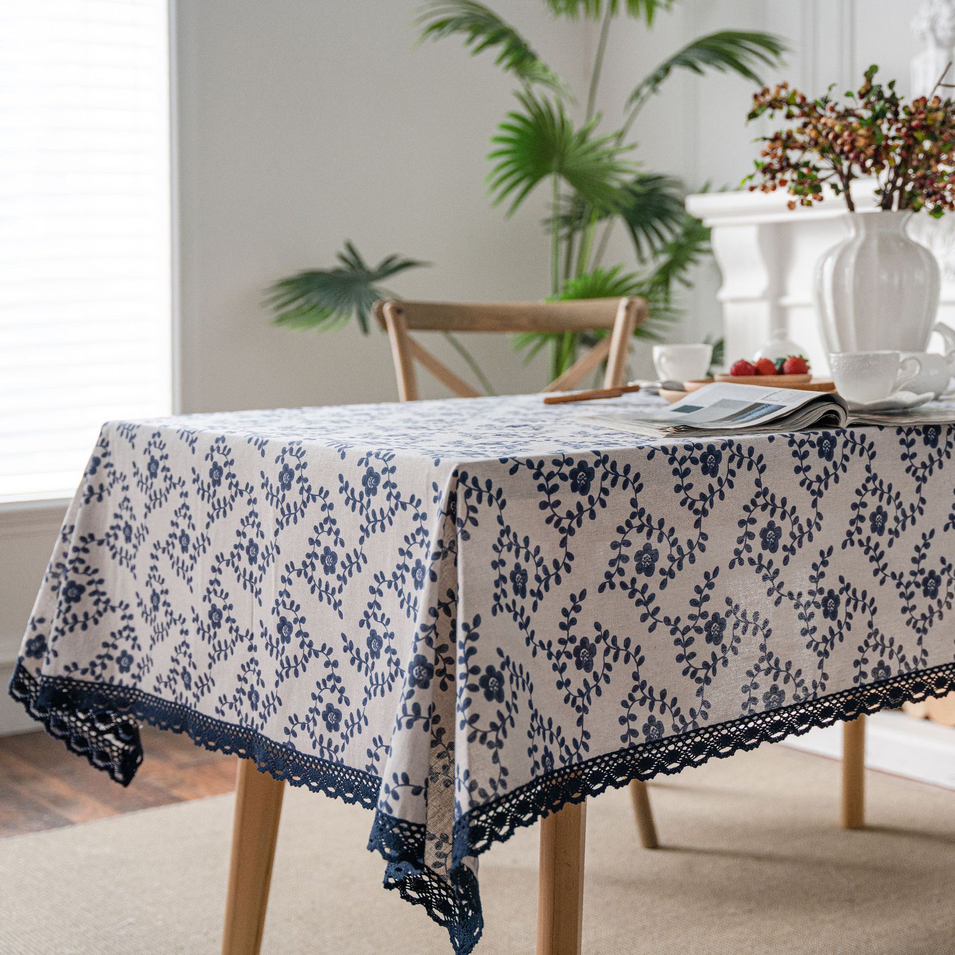 T0448 blue rose print pastoral cotton and linen tablecloth tablecloth wholesale home cover lace