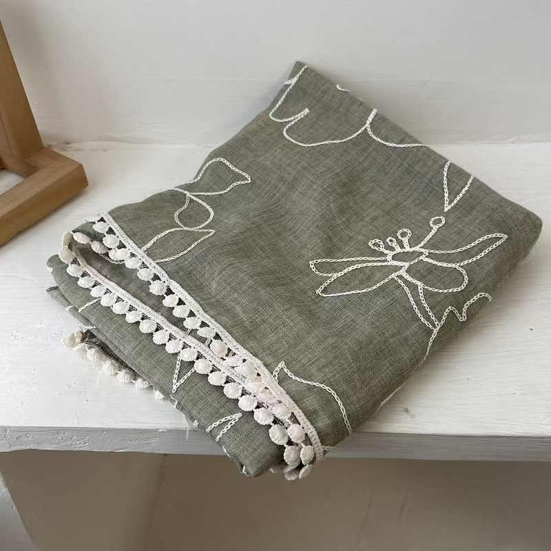 T624 cotton and linen feel scarf for women spring and autumn all-match literary temperament solid color embroidery lace gauze scarf long shawl thin si