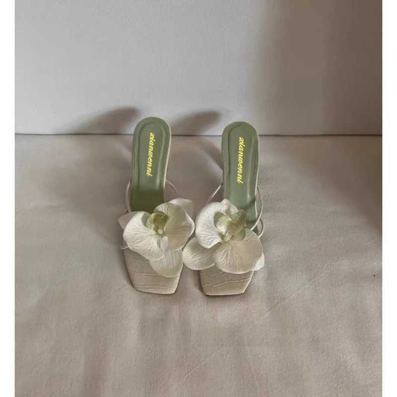 Womens high heels Slippers Square Toe Flower thin high heels womens dress outdoor Fi Korean Zapatillas De MujerXJ250504