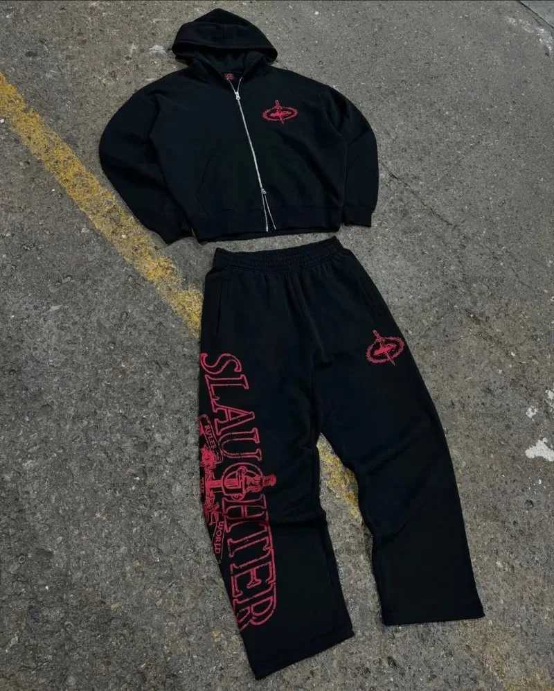 Y2KHip-Hop High Street Trendy Streetwear Sports Set Retro Harajuku Zipper Hoodie Gothic Punk Letter Print Casual LooseSweatpants X250504