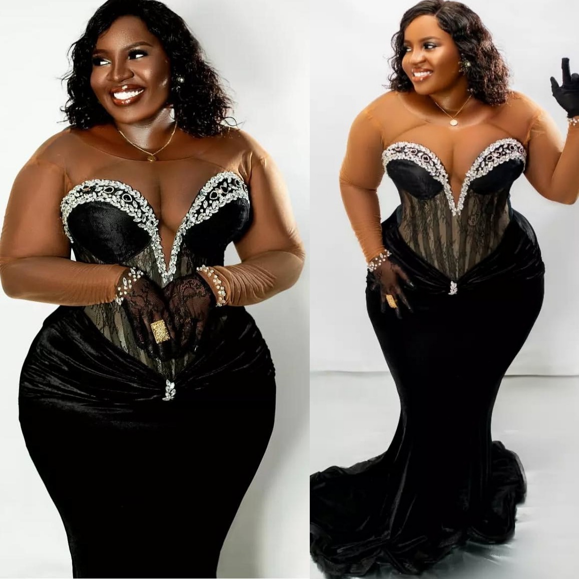 Mermaid Black Plus Size Prom Dresses 2025 Velvet Crystals Pearls Sheer Neck Evening Formal Party Second Birthday Engagement Gowns Dress For Special Oc