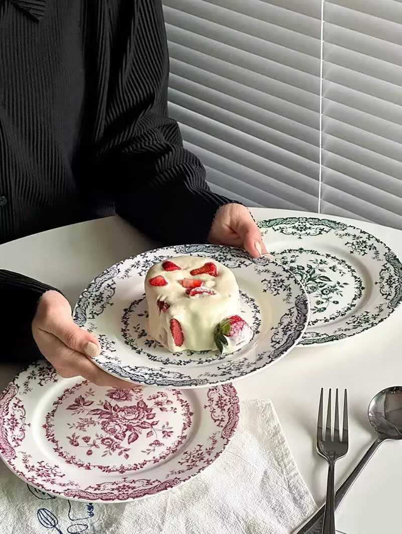 French-style rose ceramic dinner plates for home use, serving plates with classical printed patterns and enamel glaze, pasta salad dishesC241209