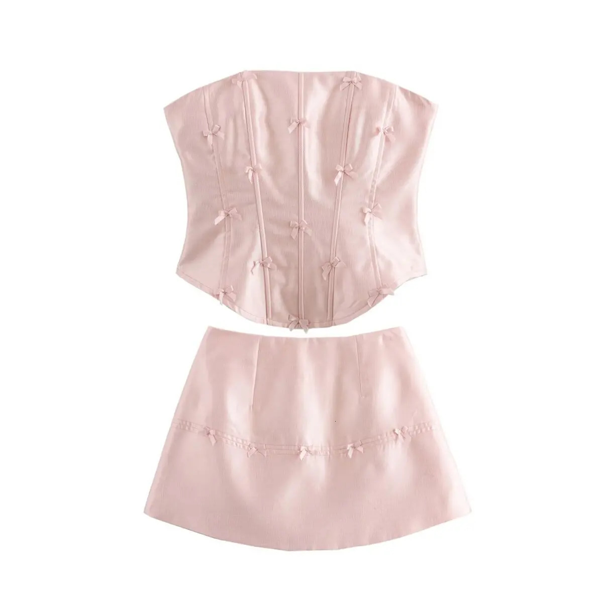 Y2k Summer Two Piece Ski Set Sweet Girl Heart Bow Tube Top and Mini Suit Womens Clothing n Unique 250430e