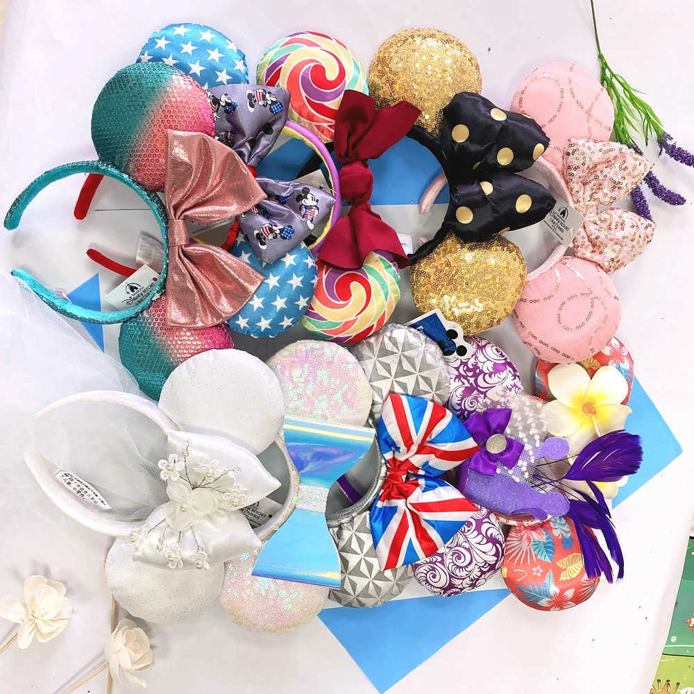 Disney Mickey Minnie Mouse Ears Headband Space mountain Lunar 2025 Minnie Bow Pink Sequins Cartoon Anime Headdress Headband GifXJ250504
