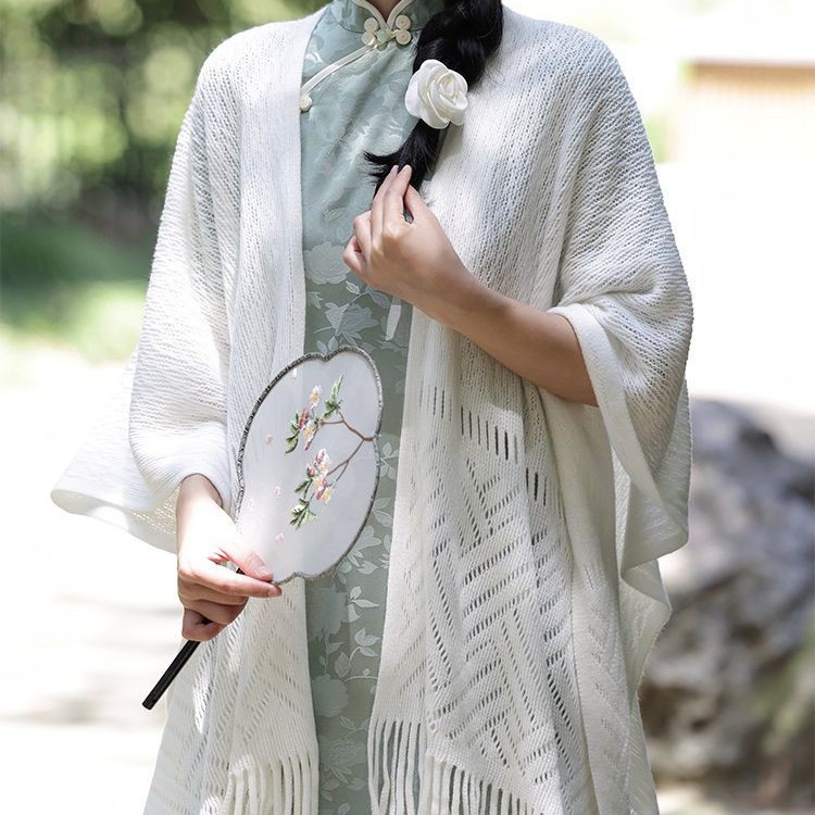 K612 Super fairy cheongsam cardigan white shawl fresh literary tassel versatile cheongsam shawl hollow high-end air-conditioning shawl