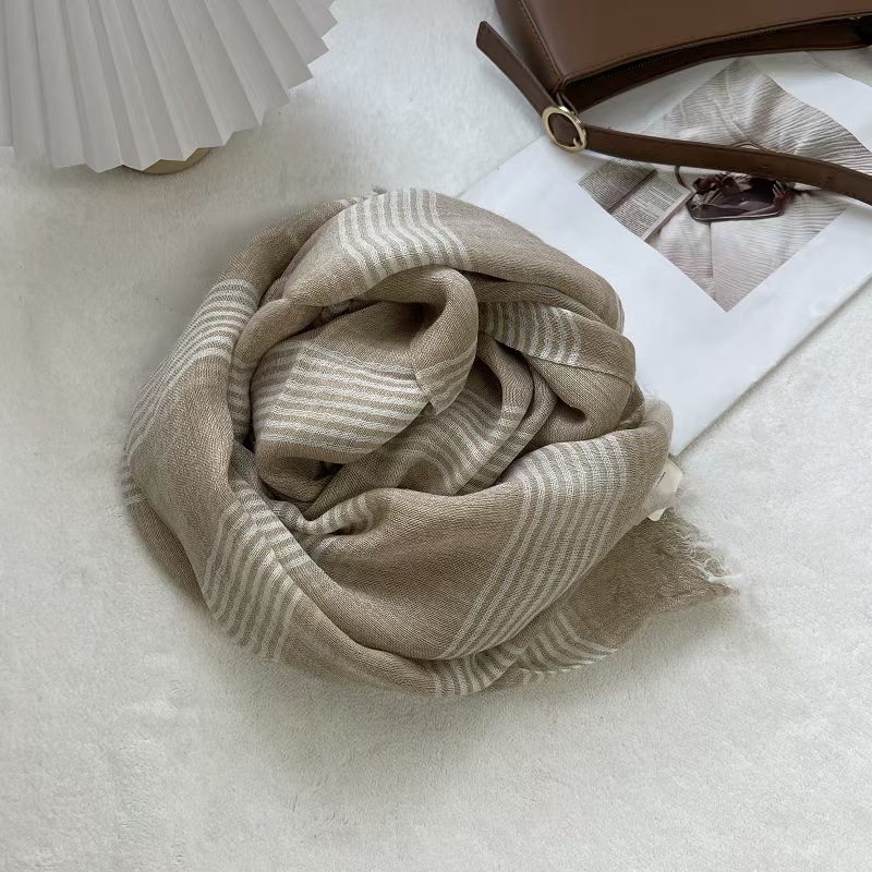 T628 linen scarf women's spring and summer black and white striped scarf plain literary cotton and linen scarf summer ultra-thin