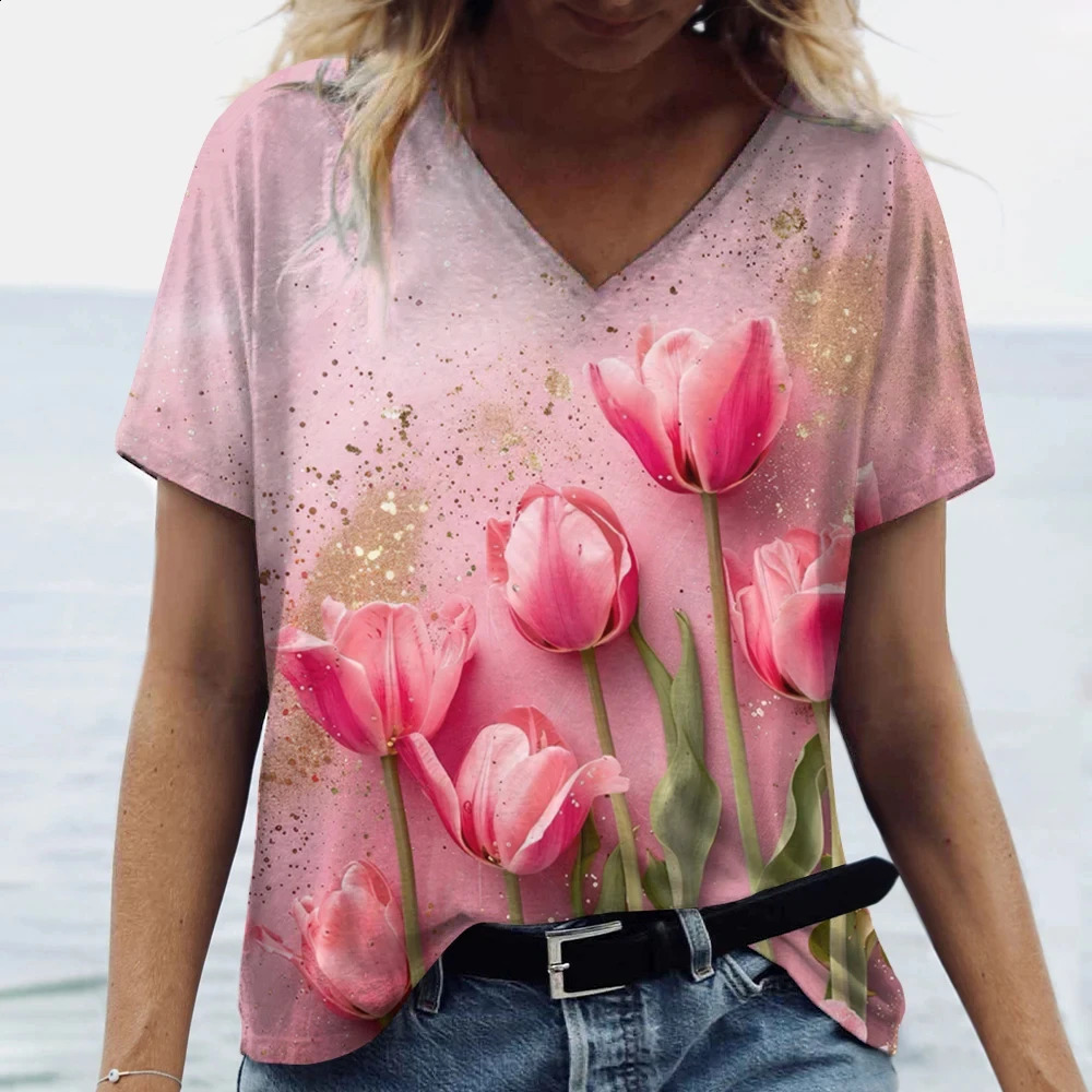 Fashion Tulip 3D Printed Womens Tshirt Summer Casual Flower Vneck Retro Harajuku Large Size Top 250430Z