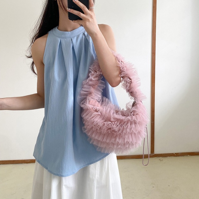 Womens Mesh Ruffled Edges Pleated Crossbody Bag with Unique Dumpling Shape