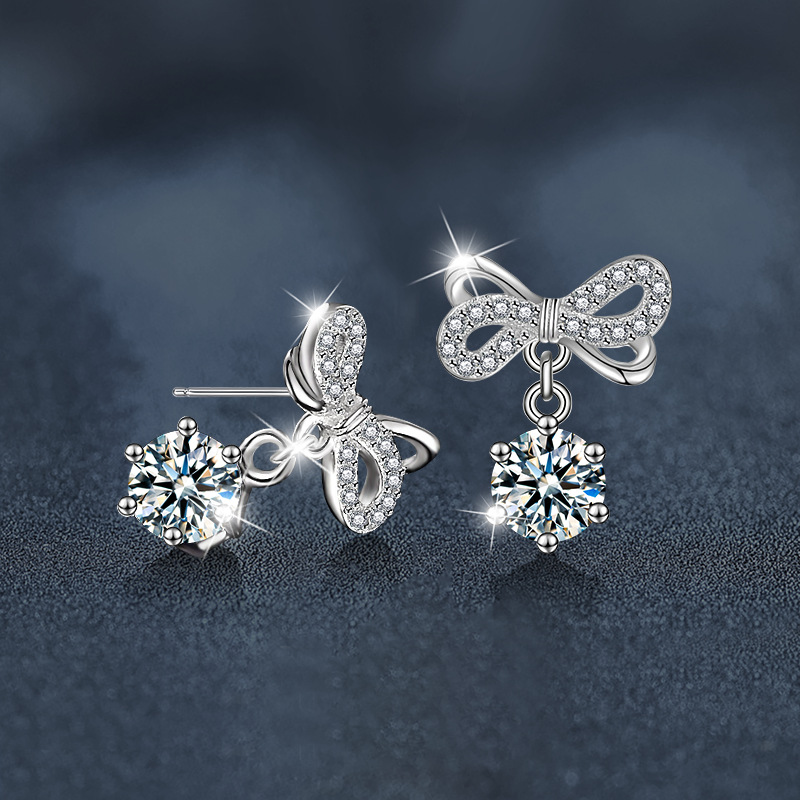 Sterling Silver Butterfly-Knot Moissanite Dangle Earrings.