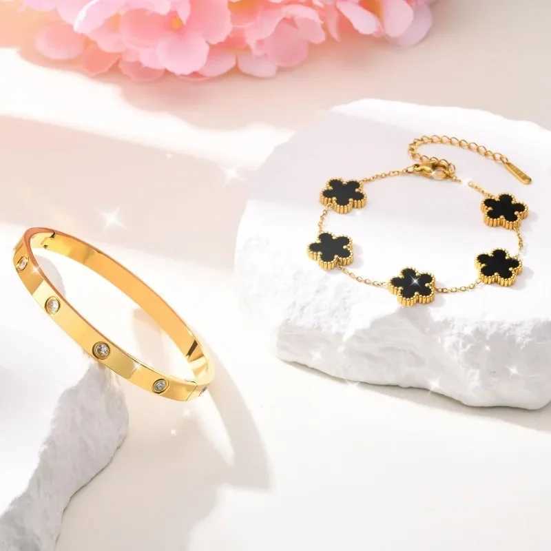 2-piece Stackable Gold Bracelet Jewelry Set 14K Gold Plated Flower Tar Free Cubic Zirconia Bracelet Luxury Gift X250504