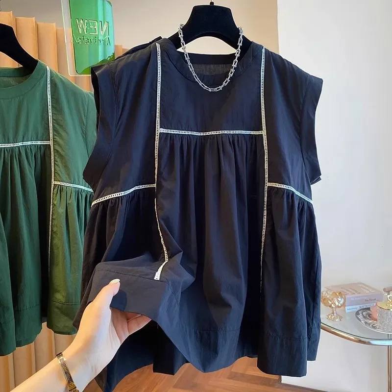 Loose casual sleeveless green shirt womens summer top doll wide collar mudguard line splicing plus size fashionable 250430Z