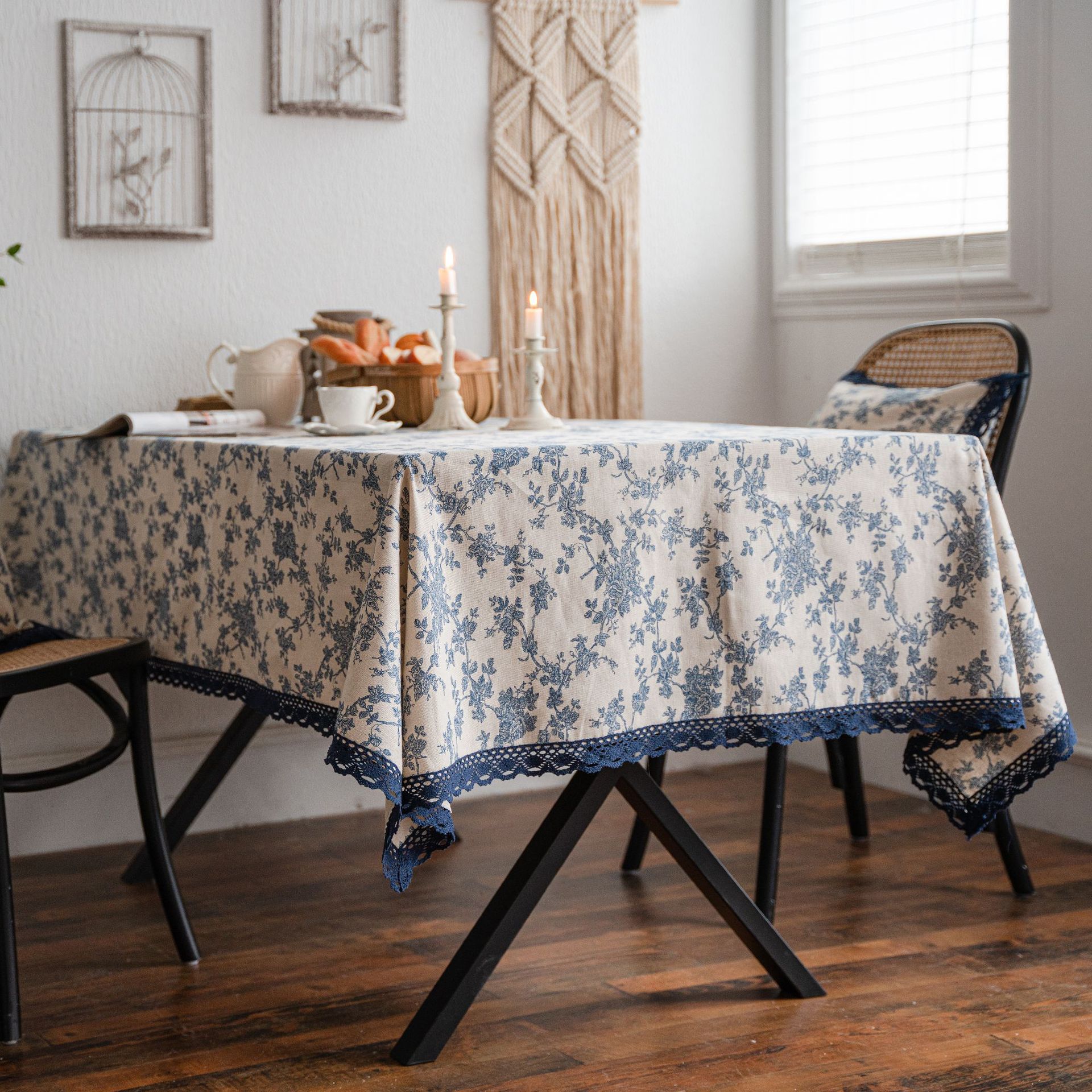 T0448 blue rose print pastoral cotton and linen tablecloth tablecloth wholesale home cover lace