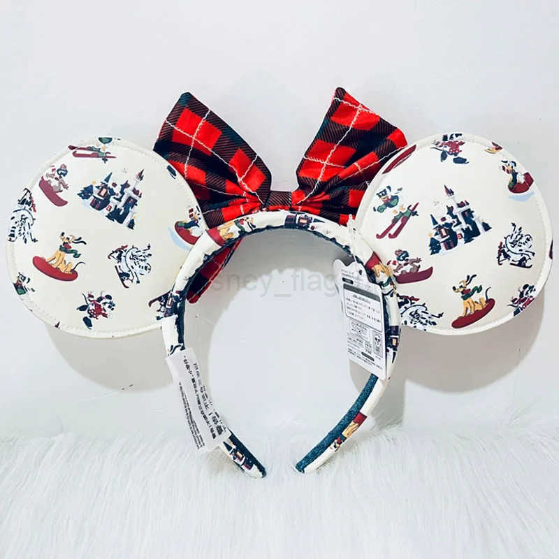 Disney Winter Christmas Headband Cartoon Mickey Pluto PU Leather Ears Adult Bow Headband Minnie Park Accessories HeadbandXJ250504