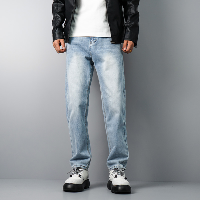 Jeans men's new product light blue casual loose wash straight leg fashionable and versatile trend slimming handsome long pants