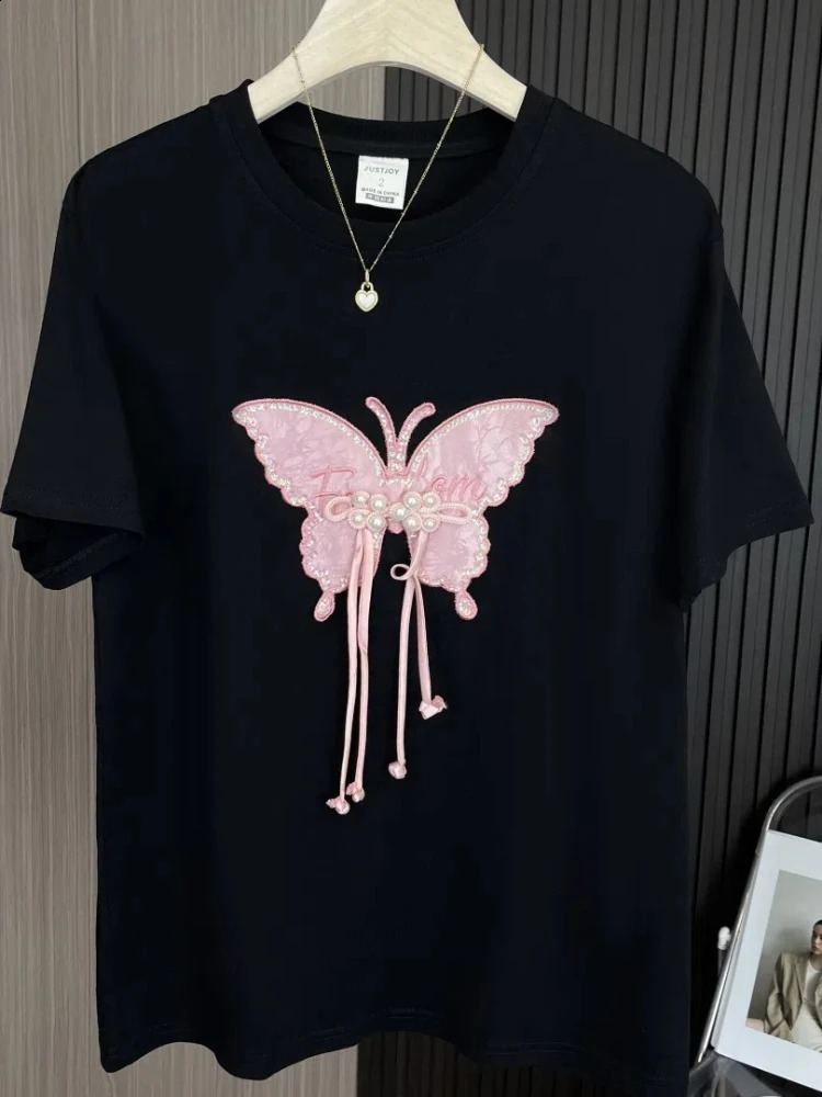 Bamboo butterfly sticker letter embroidery Tshirt for women plus size Chinese sequin bead knot 2024 summer Y2k 250430Z