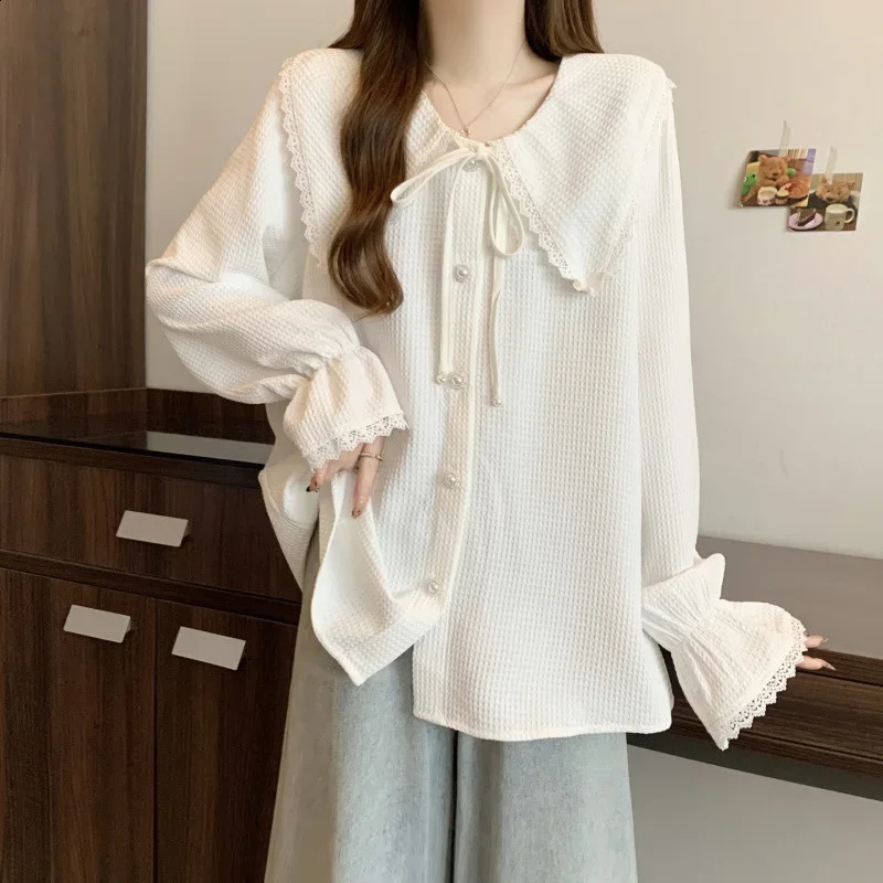 Large size loose long sleeved doll neck womens top spring Korean style weight loss version antiaging clothing 250430Z