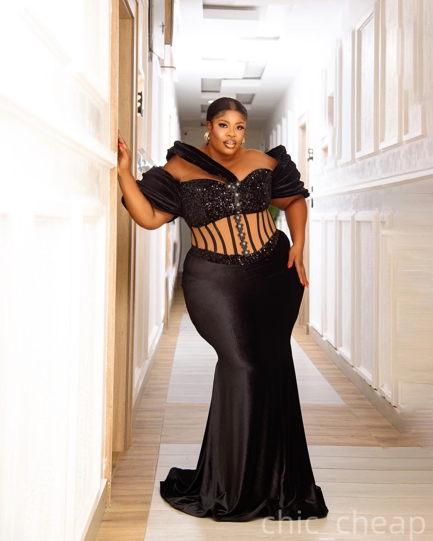 Mermaid Black Plus Size Prom Dresses 2025 Sequined Crystals Velvet Evening Formal Party Second Birthday Engagement Gowns Dress For Special Occasions