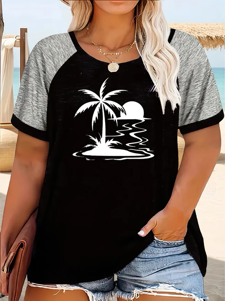 Womens casual leopard print color block round neck Tshirt fashionable short sleeved top 250430Z