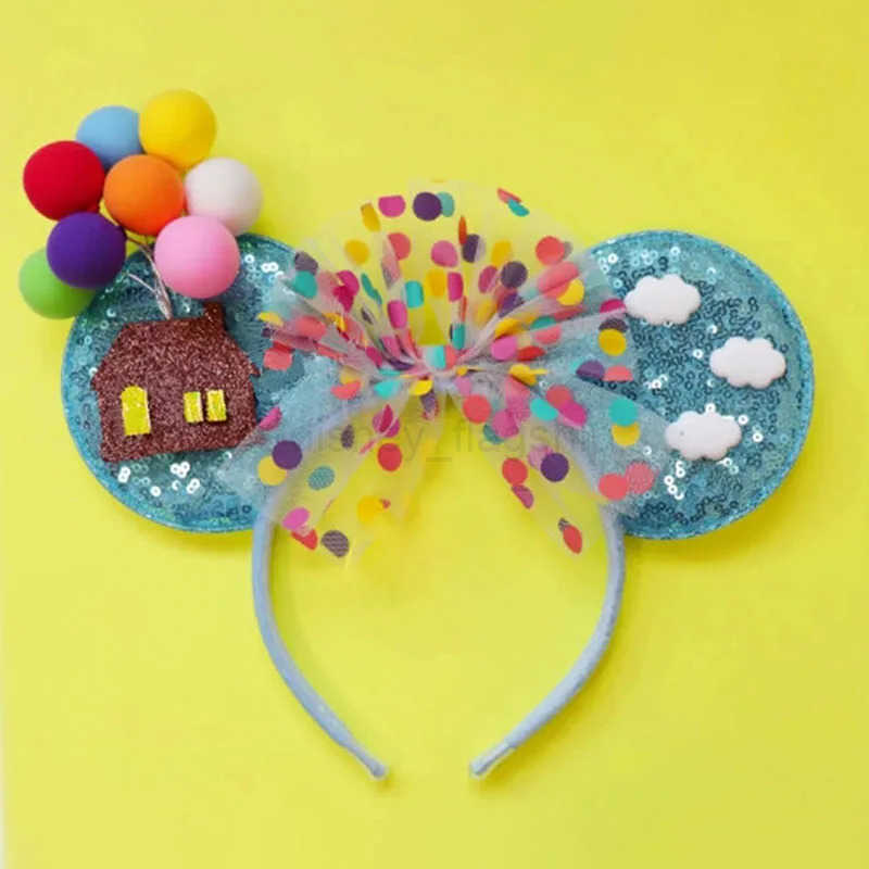 Disney Mickey Mouse UP Ears Hair Accessories for Women Flying House Balloon Travel Sequins Hairbands Girl Headband Kids Bow eadwearXJ250504