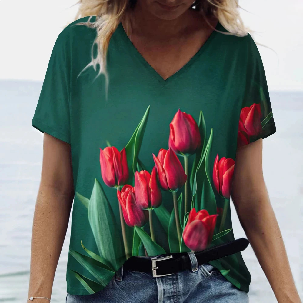 Fashion Tulip 3D Printed Womens Tshirt Summer Casual Flower Vneck Retro Harajuku Large Size Top 250430Z