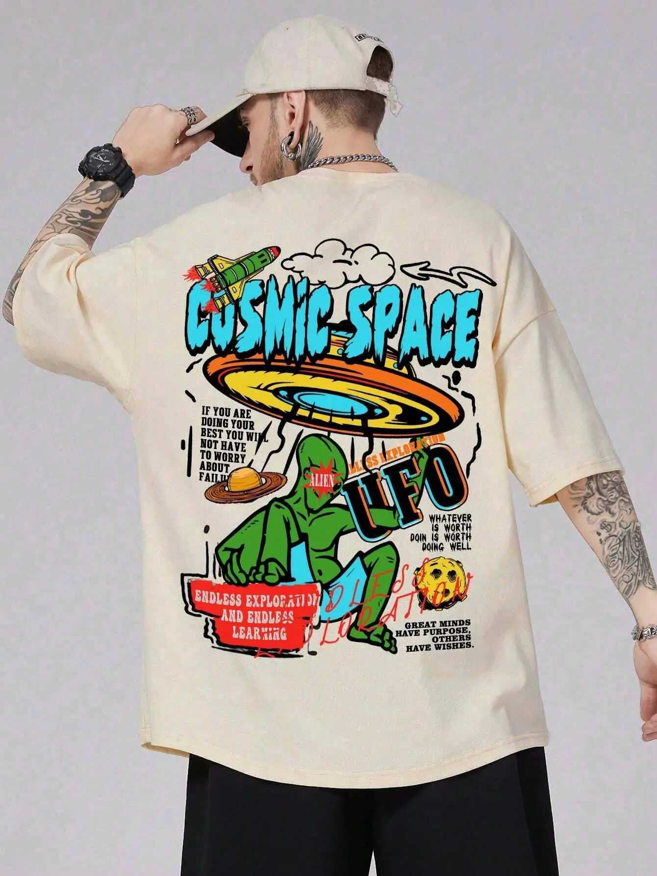 New Arrival Cosmic Space Ufo Alien Fun Graphic Printing Mens Top Fashion Street T-shirt Summer Casual Cotton T-shirt Extra Large Loose T-shirt Z250504