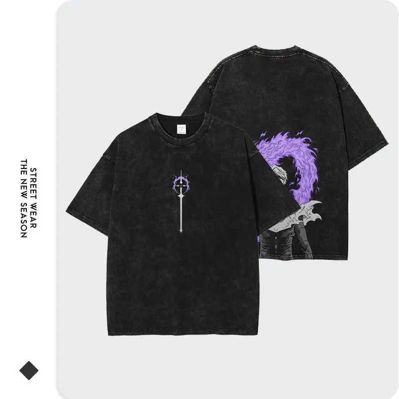 Anime bleached T-shirt oversized retro wash Zaraki Kenpachi T-shirt retro Harajuku Ichigo Rukia top Ts mens 100% pure cotton X250504 - view 4