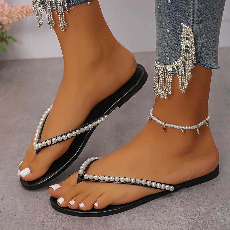 Summer Beach Pearl Decor Flip Flops Women Fi Black Flat Clip Toe Slippers Female Plus Size N Slip Pu Leather Slides Mujer XJ250610