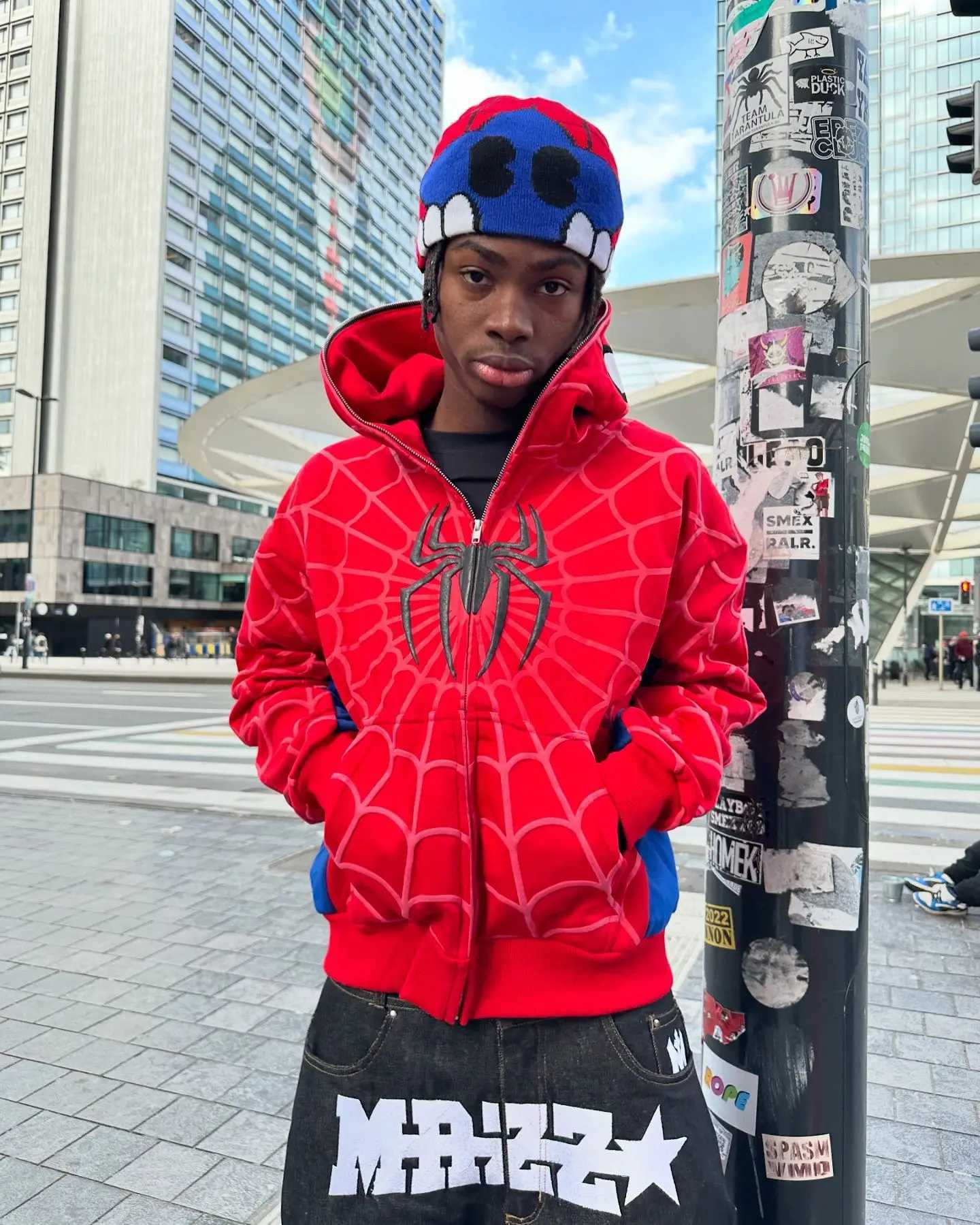 America Classics Gothic Red Spider Print Hooded Cardigan Full Zip Up Loose Men Women Hip Hop Hoodie Jacket Y2k Street Sweatshirt X2505041