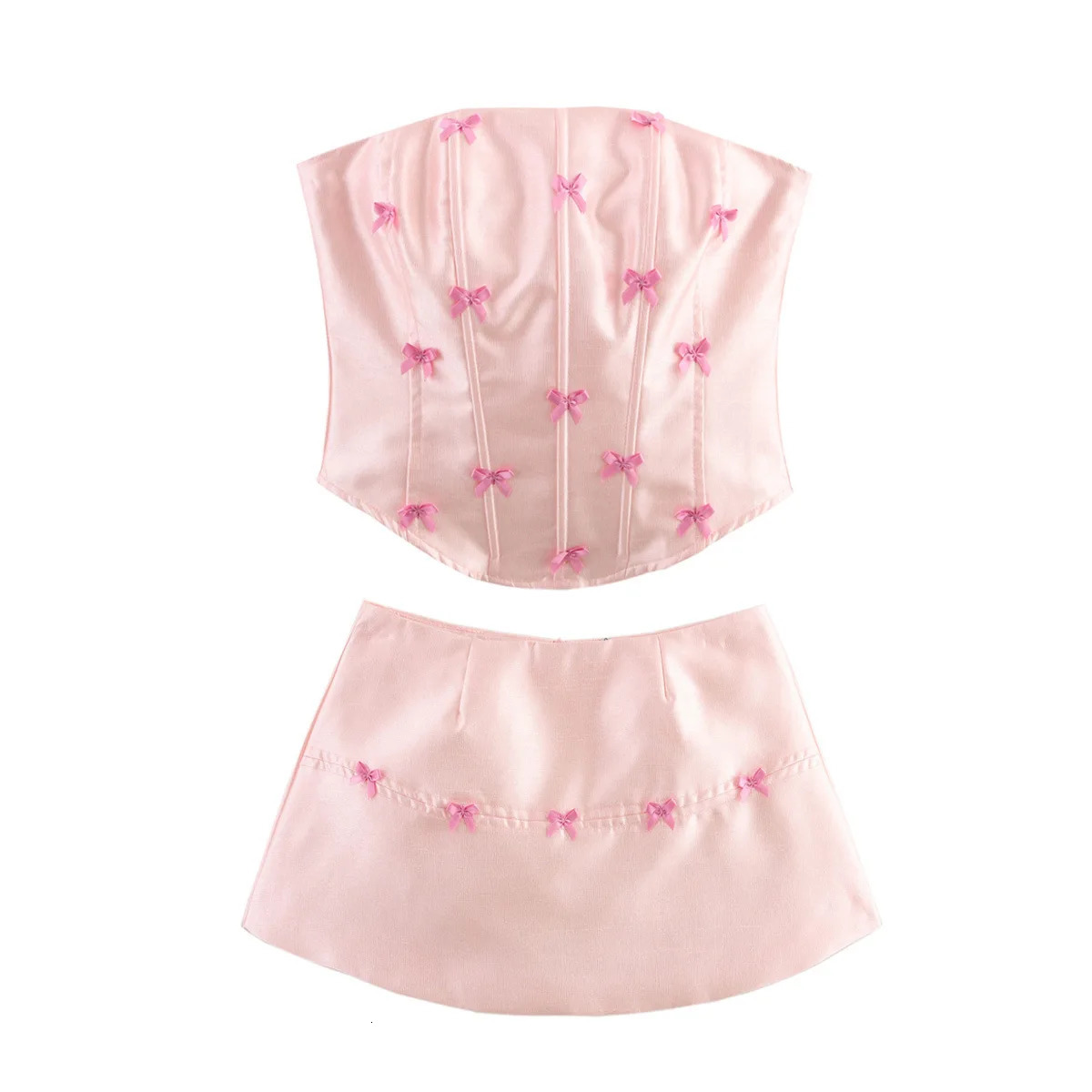 Y2k Summer Two Piece Ski Set Sweet Girl Heart Bow Tube Top and Mini Suit Womens Clothing n Unique 250430e