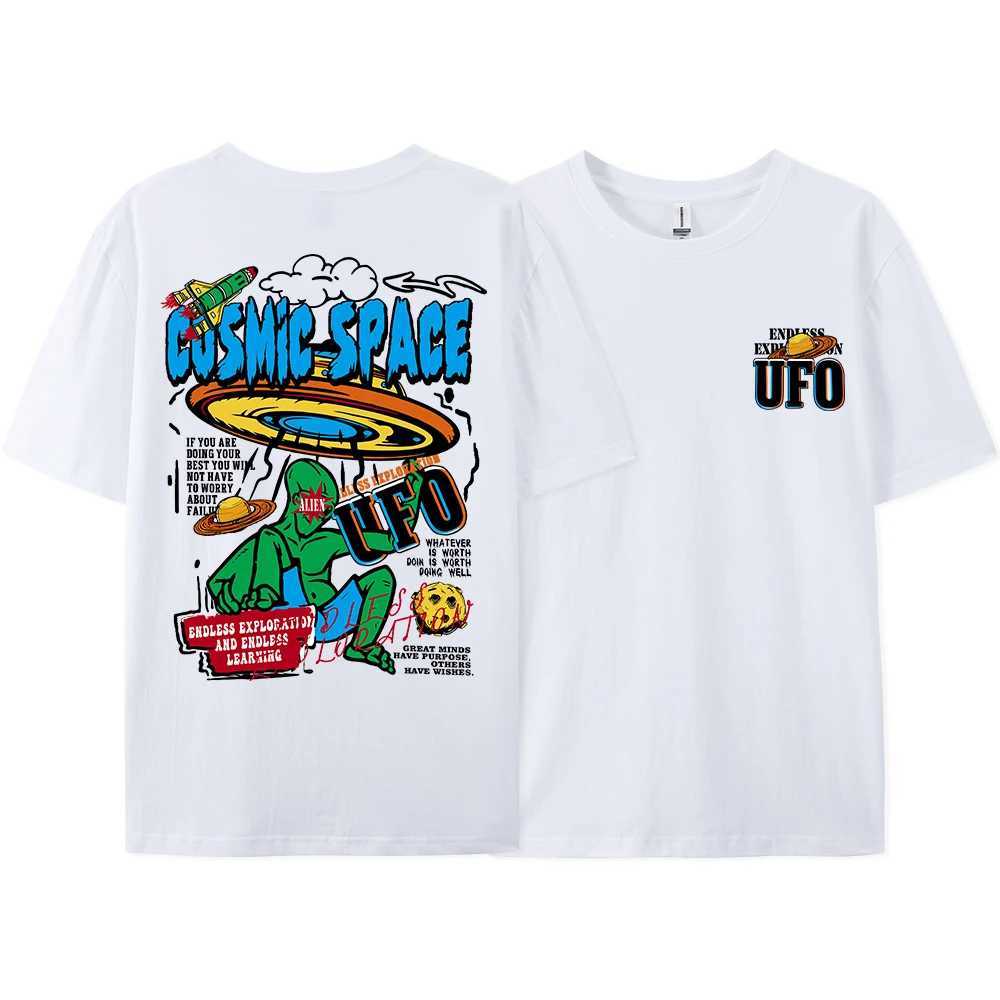 New Arrival Cosmic Space Ufo Alien Fun Graphic Printing Mens Top Fashion Street T-shirt Summer Casual Cotton T-shirt Extra Large Loose T-shirt Z250504