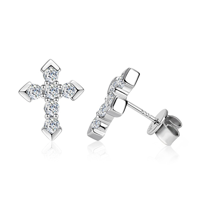 Silver Cross Stud Earrings with Moissanite 925 Sterling Silver Hypoallergenic 2024 New Trendy Elegant Earrings Fashion Accessories Birthday Gifts
