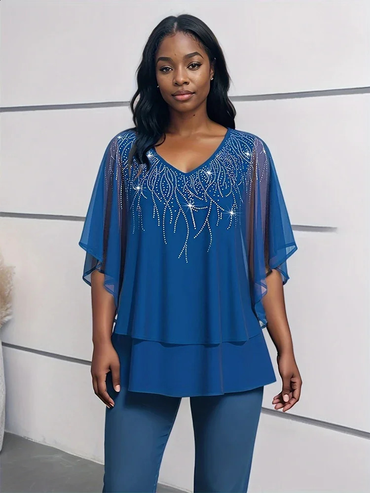 Womens plus size short sleeved Tshirt chiffon Vneck doublelayer loose casual elegant summer top 2024 250430Z